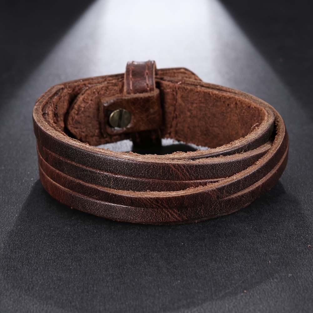 Men's Leather Wide Cuff Bracelet Handcrafted Layer